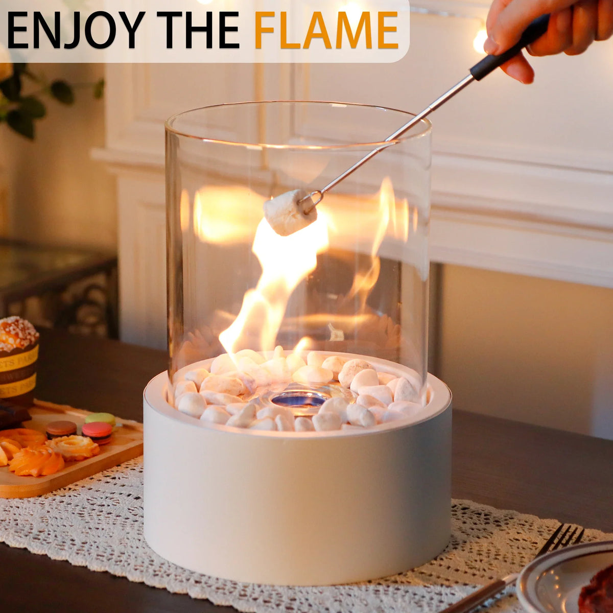 White Glass Cylinder Tabletop Fireplace