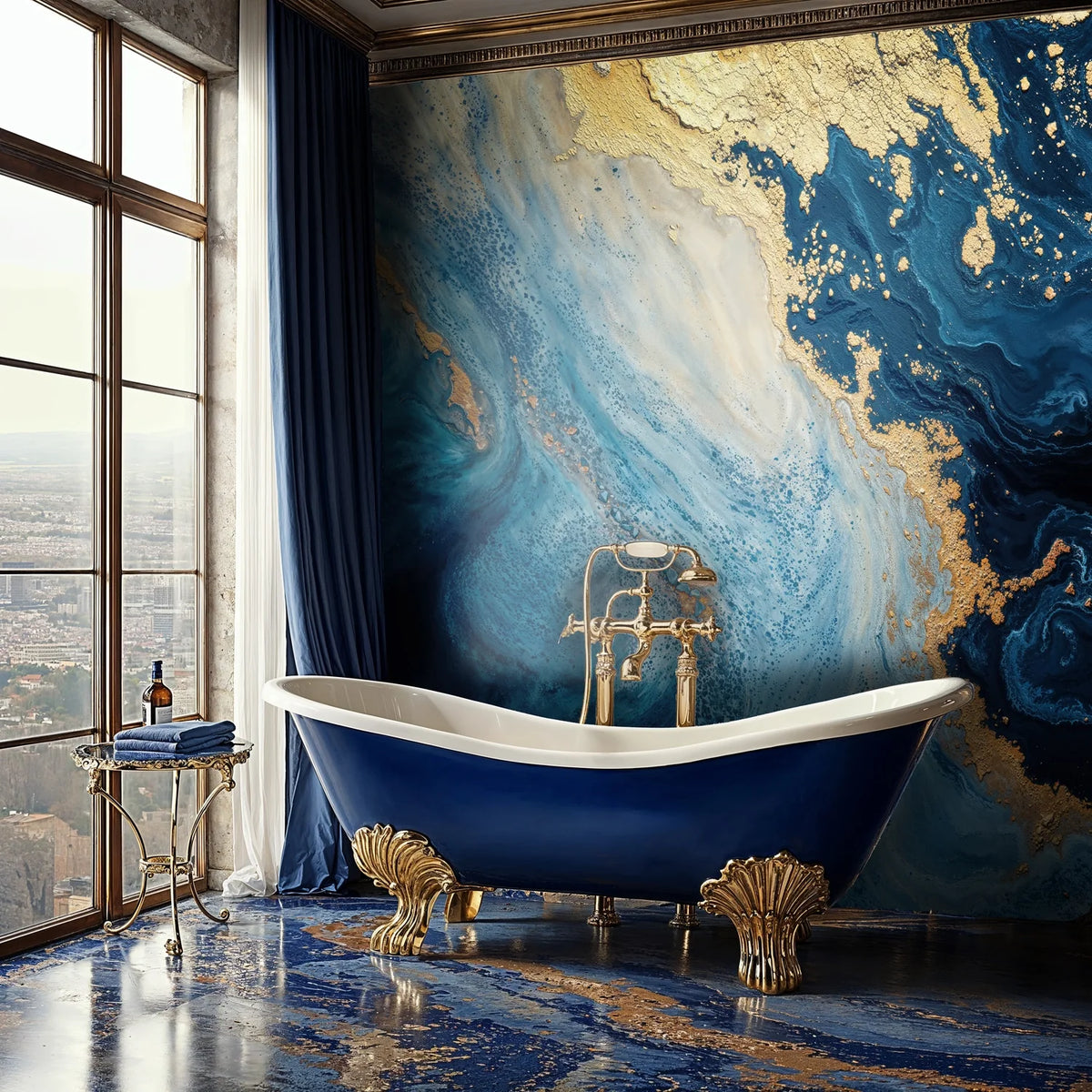 Navy and Gold Fluid Marble Wall Mural