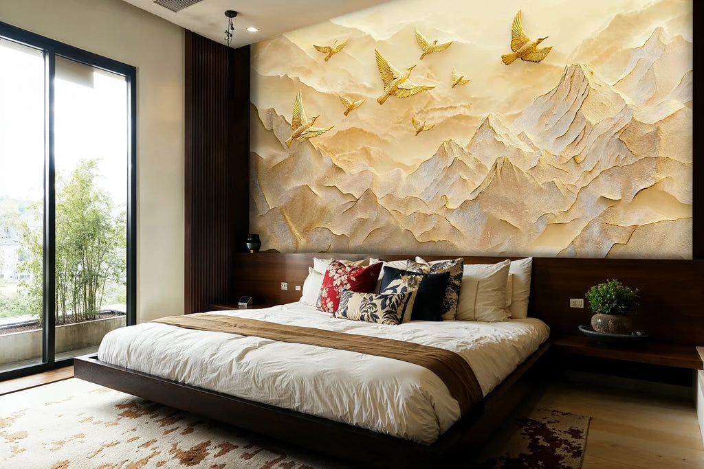 Golden Birds Over Mountain Peaks Wall Mural