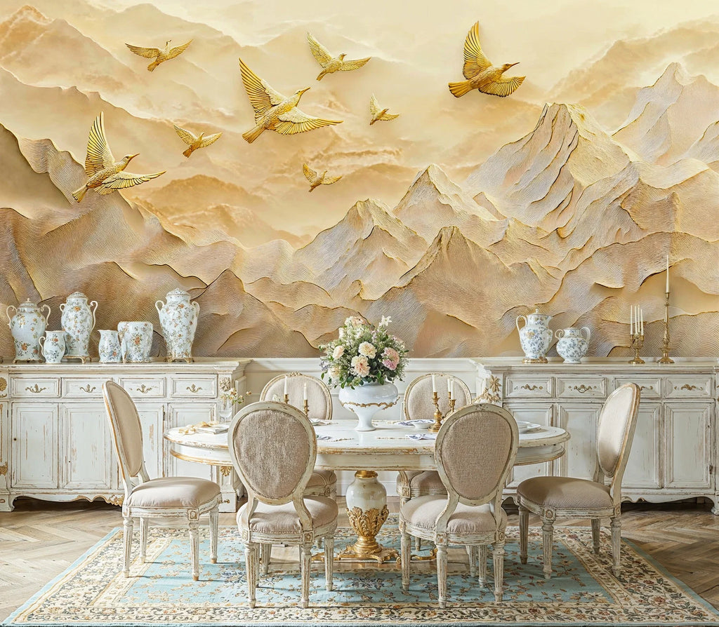 Golden Birds Over Mountain Peaks Wall Mural