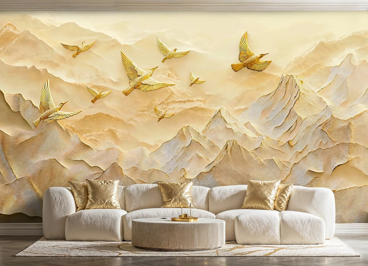 Golden Birds Over Mountain Peaks Wall Mural