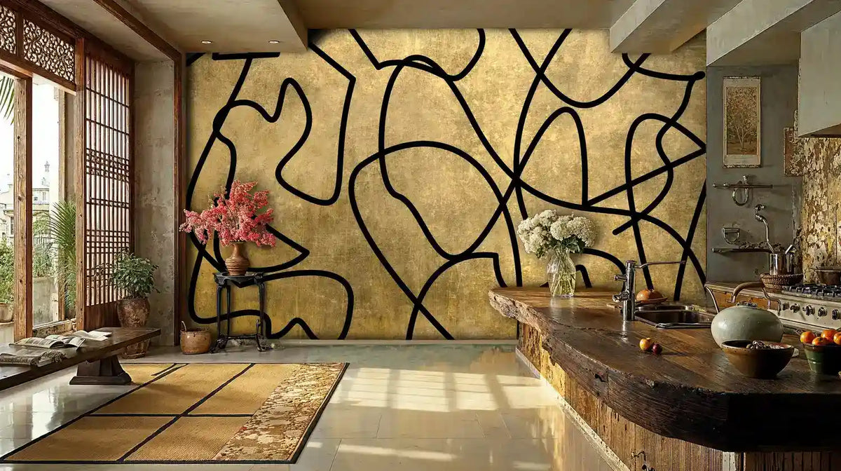 Abstract Gold and Black Linework Wall Mural