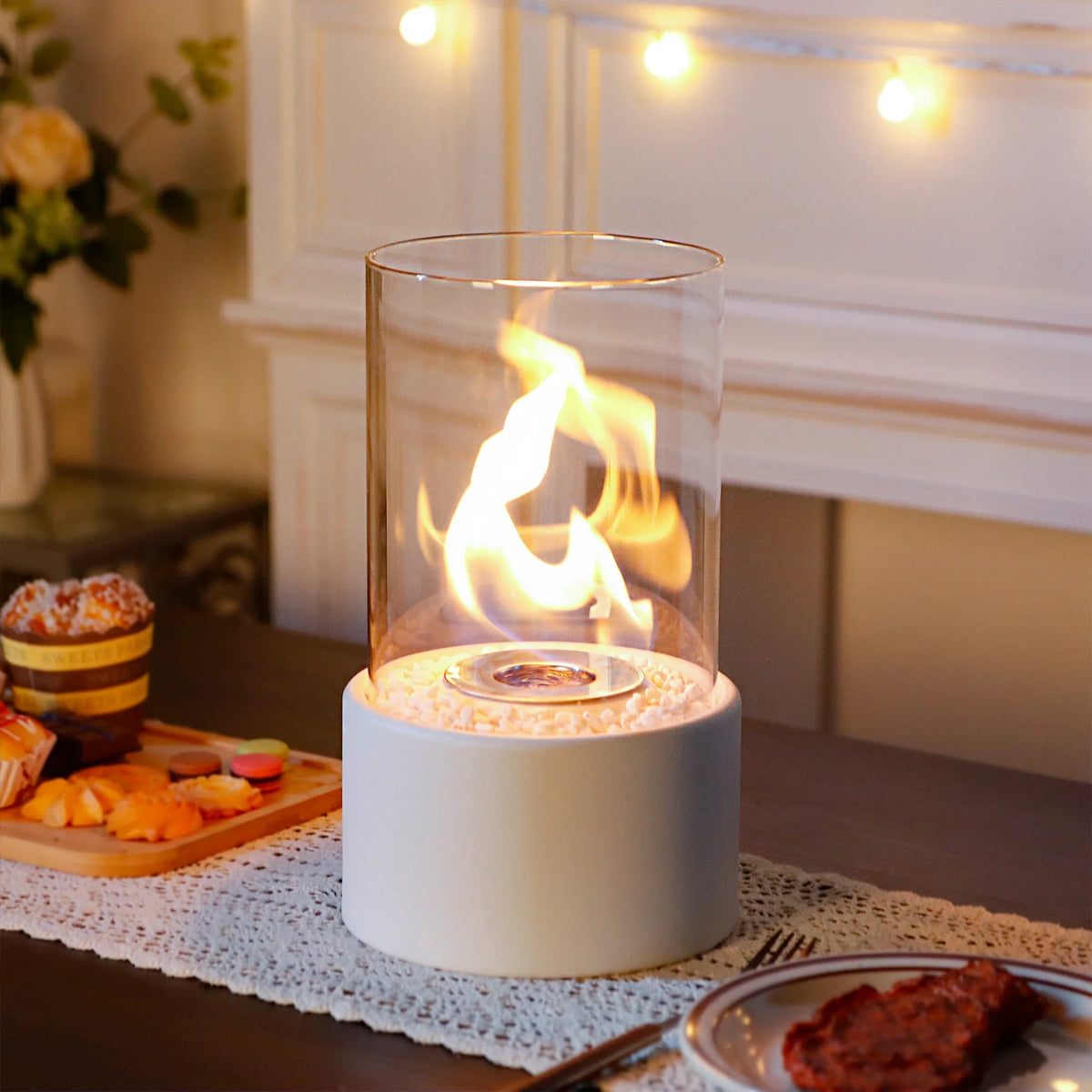 White Round Glass Tabletop Fireplace