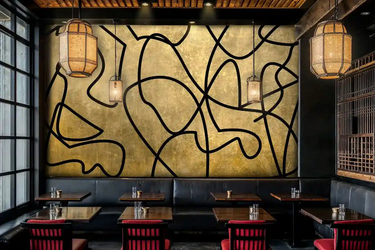 Abstract Gold and Black Linework Wall Mural