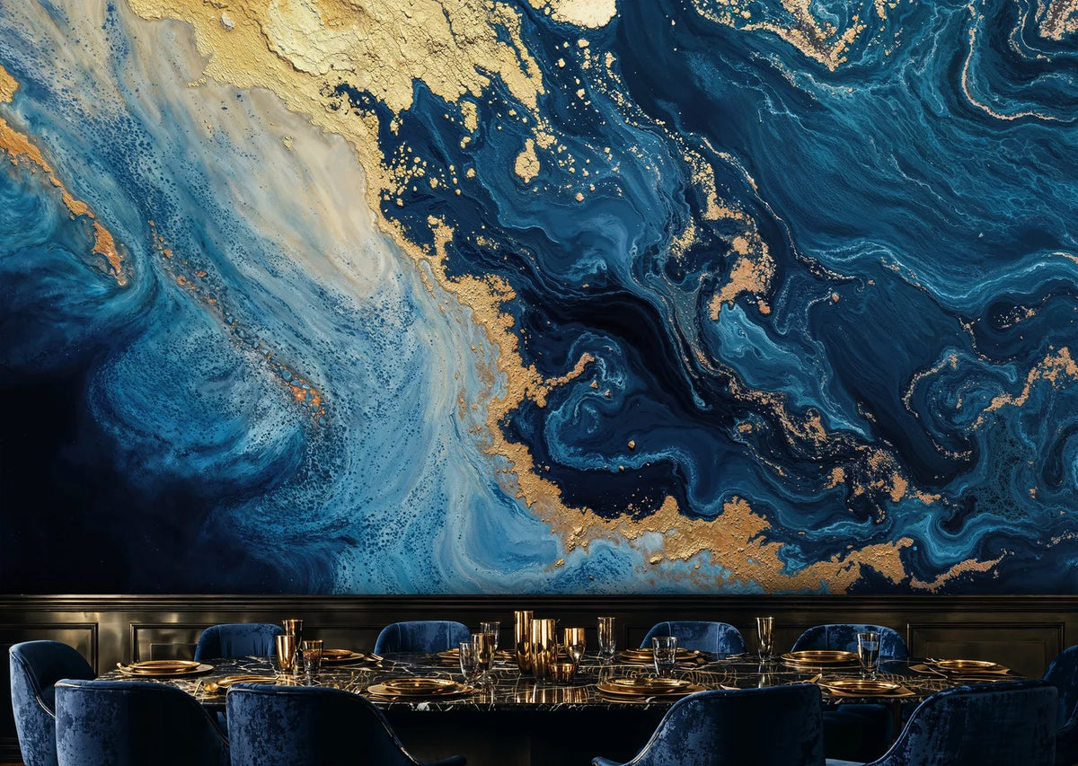 Navy and Gold Fluid Marble Wall Mural