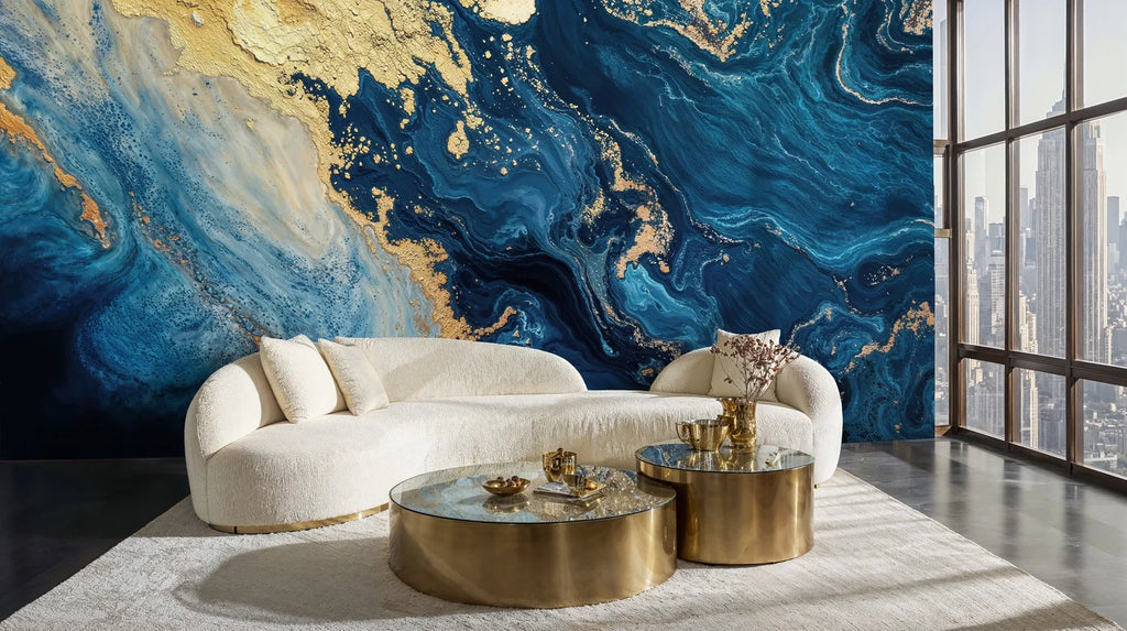 Navy and Gold Fluid Marble Wall Mural