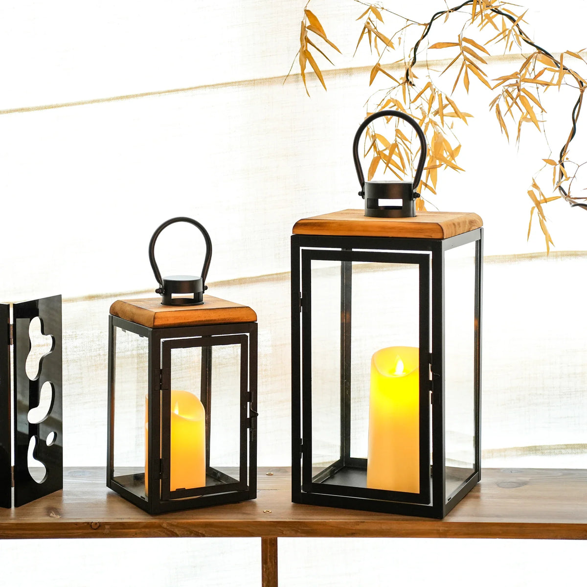 Wood-Top LED Candle Lanterns — Set of 2