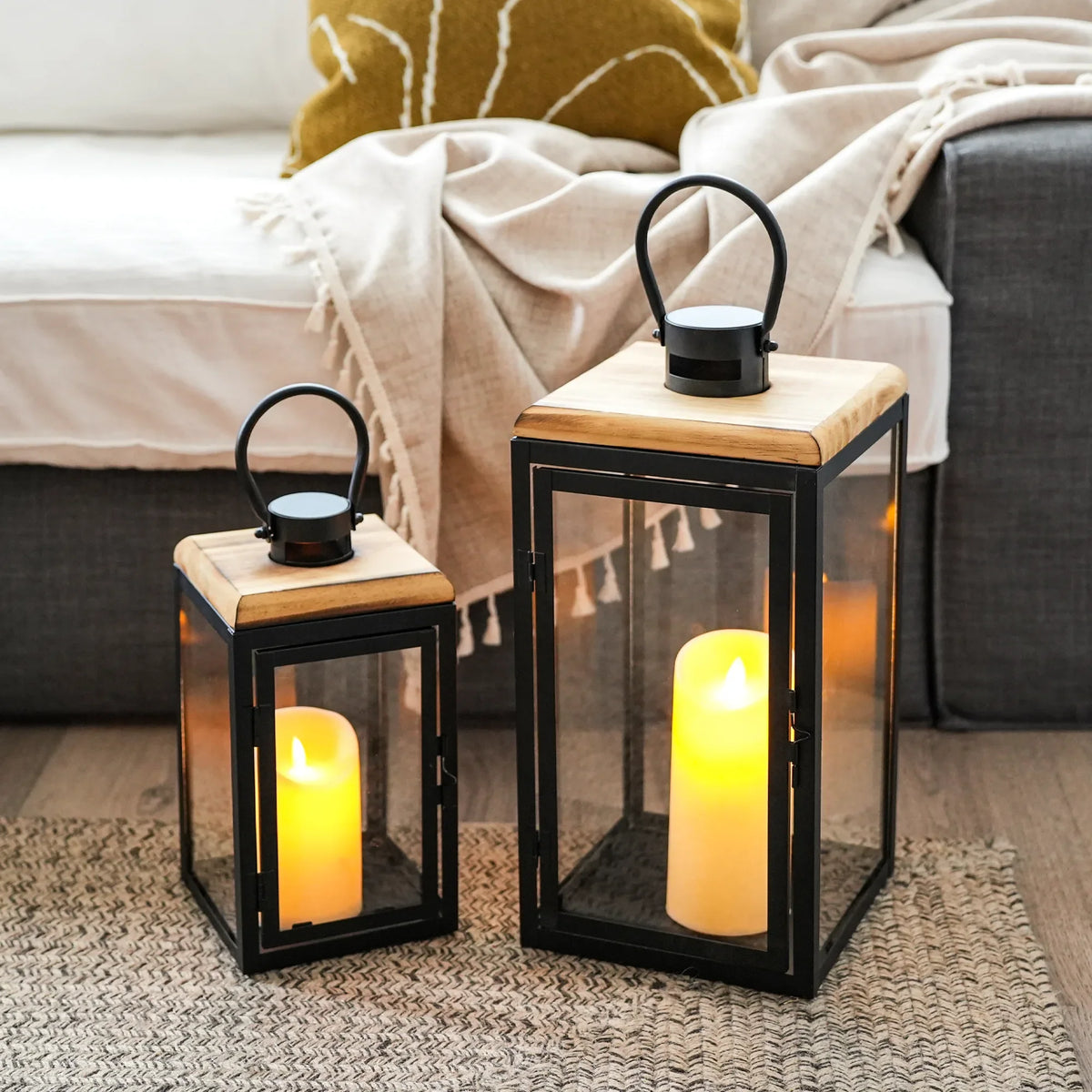 Wood-Top LED Candle Lanterns — Set of 2