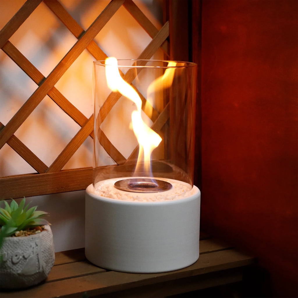 White Round Glass Tabletop Fireplace