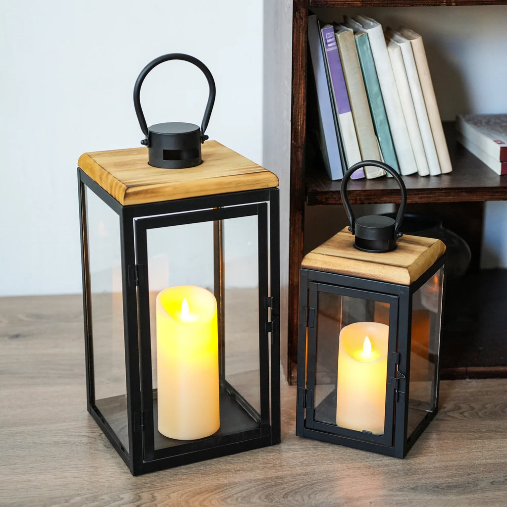 Wood-Top LED Candle Lanterns — Set of 2