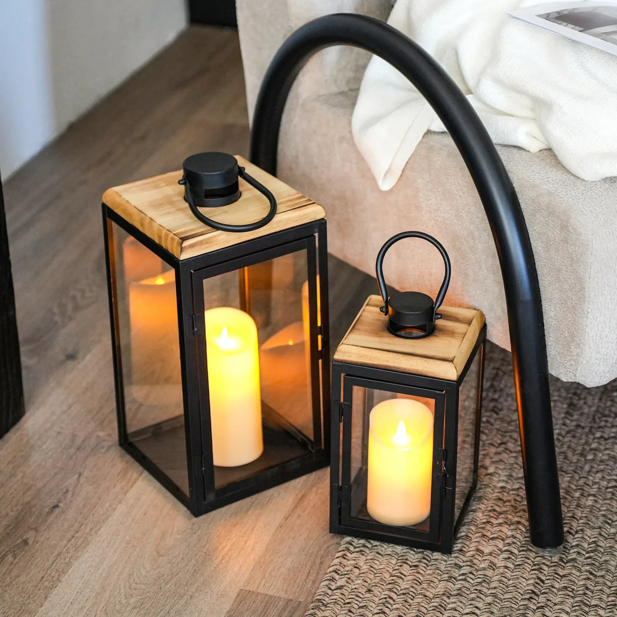 Wood-Top LED Candle Lanterns — Set of 2