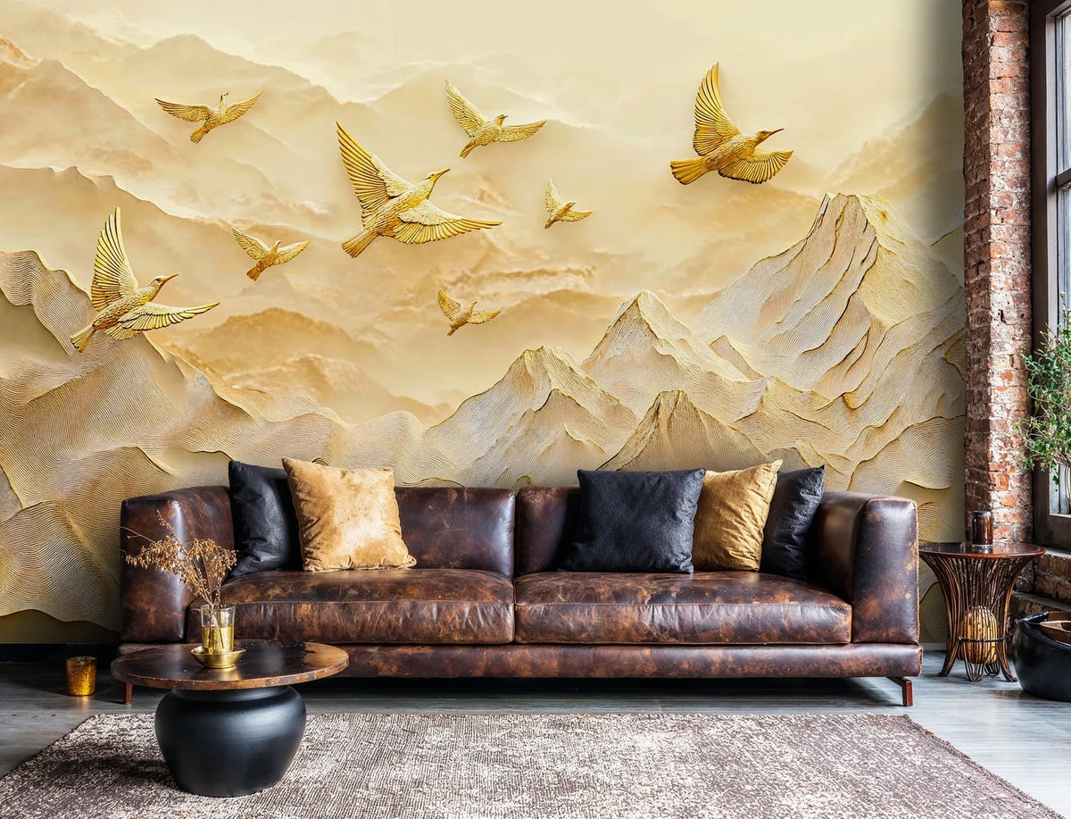 Golden Birds Over Mountain Peaks Wall Mural