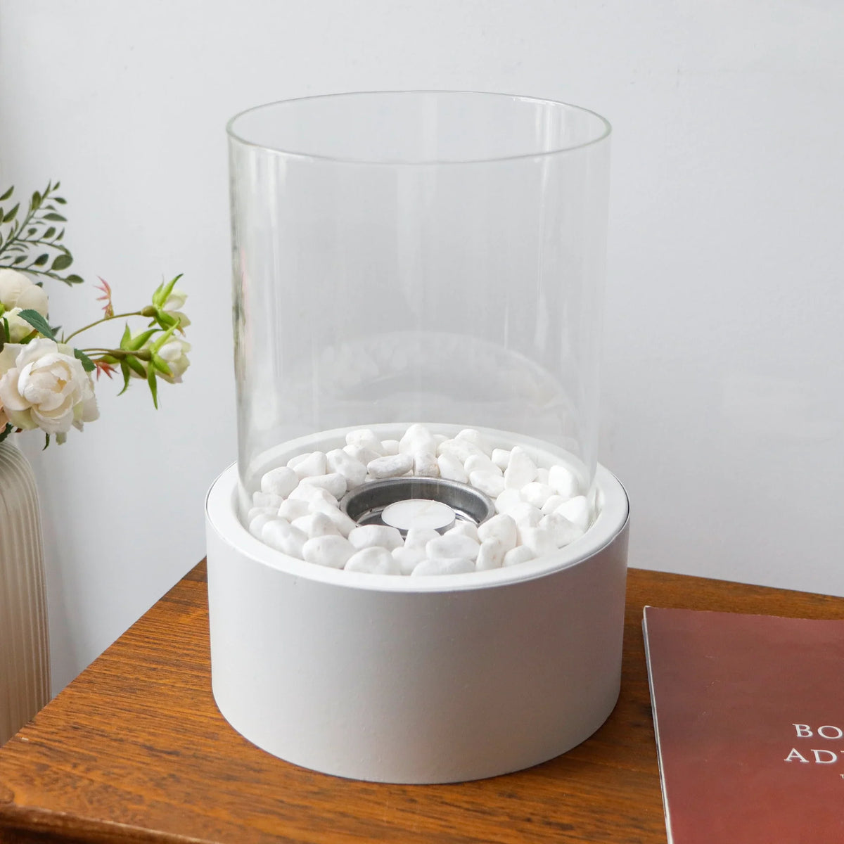 White Glass Cylinder Tabletop Fireplace